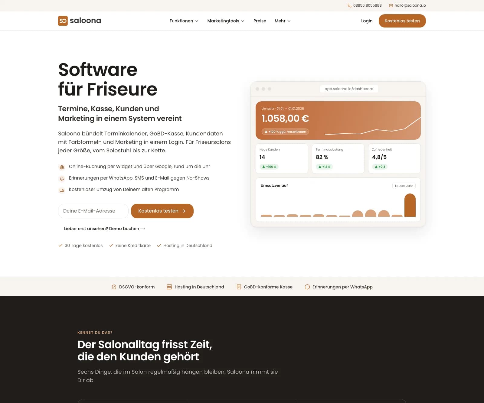 Screenshot der Saloona.io Software - Software für Friseure: Termine, Kasse, Kunden.